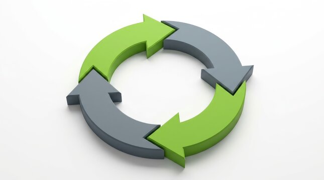 Three dimensional circular arrow diagram featuring alternating green and gray segments on a clean white background for professional business presentations