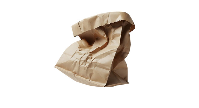 Crushed brown paper bag crumpled packaging isolated on transparent background
