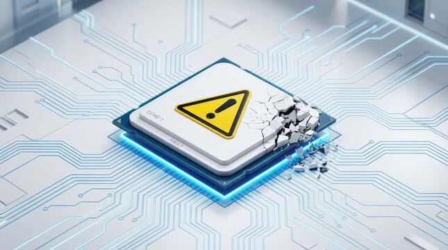 Broken computer processor chip with a bright yellow warning sign resting on a clean white motherboard with glowing blue circuits
