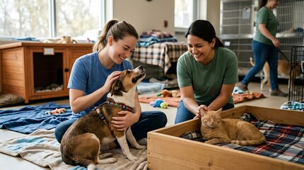 Happy volunteers caring for a dog and cat at an animal shelter