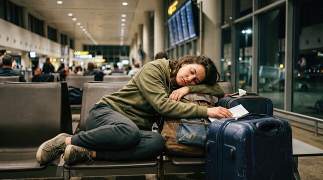 Exhausted young woman sleeping on luggage in airport terminal waiting area, concept of travel fatigue, flight delay, long layover, and stressful journey for solo traveler