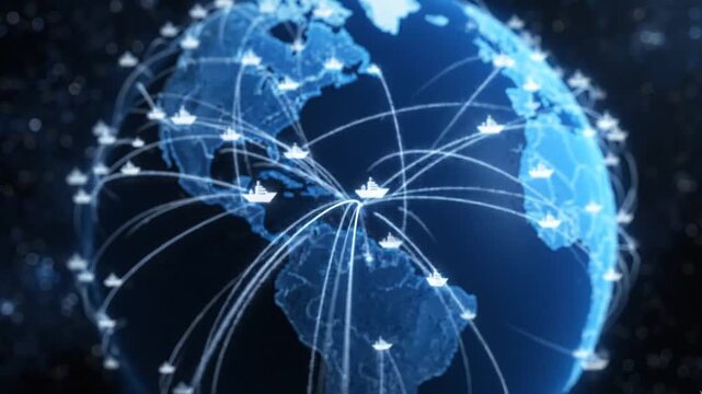 Global shipping routes on 3D planet earth with cargo ship icons, 4K loop animation