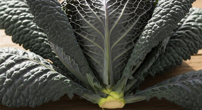Fresh green savoy cabbage leaves close up on a wooden surface