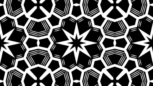 Kaleidoscope geometric patterns repeat across a stark black background. White shapes form complex, symmetrical designs. 