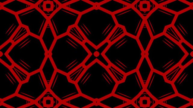Kaleidoscope geometric patterns repeat across a stark black background. red graphic decorative.