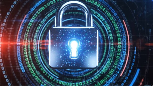 AI generated digital security padlock with rotating glowing binary code circles 4K loop