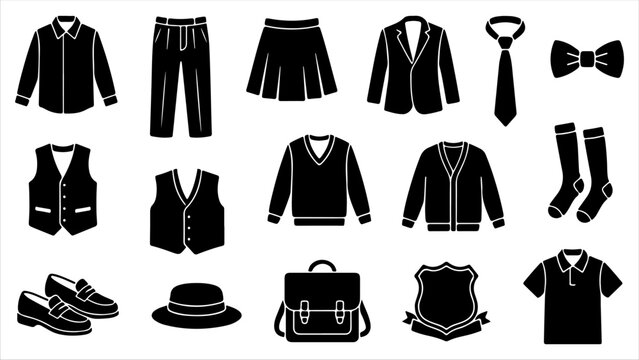 School uniform clothing and accessories black silhouette icon set isolated on white background.