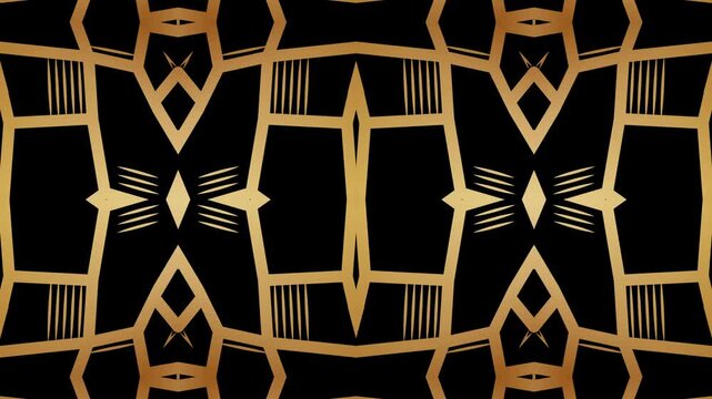 Kaleidoscope geometric patterns repeat across a stark black background. gold grid element.