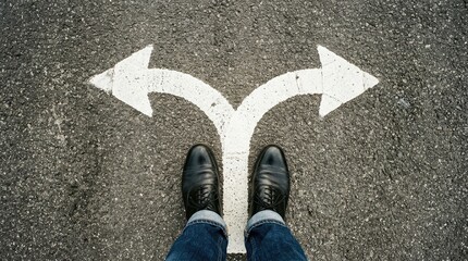 Business person standing on asphalt road wearing black leather shoes looking at white painted arrows pointing in two opposite directions