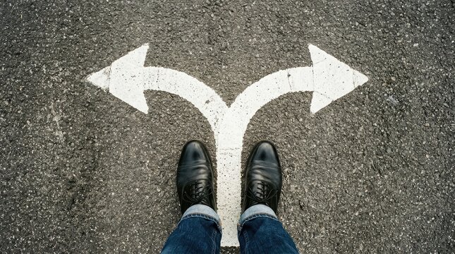 Business person standing on asphalt road wearing black leather shoes looking at white painted arrows pointing in two opposite directions