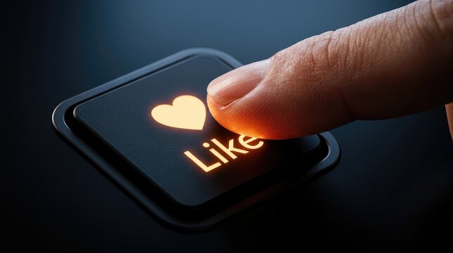 Human finger pressing a glowing orange like button with a heart symbol on a sleek dark modern computer keyboard interface