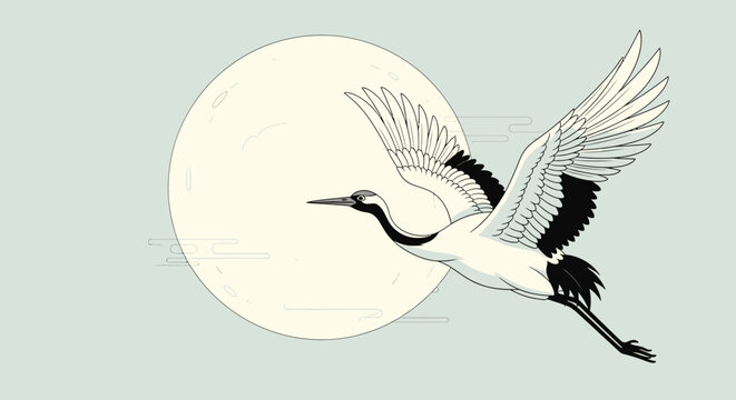 crane flying in front of full moon