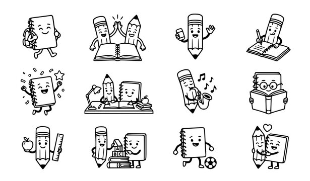 Playful School Stationery Cartoon Clipart Set, 12 Black and White Pencil and Notebook Vector Illustrations, Isolated Bold Outline Icons for Kids Educational Books and DIY Stickers