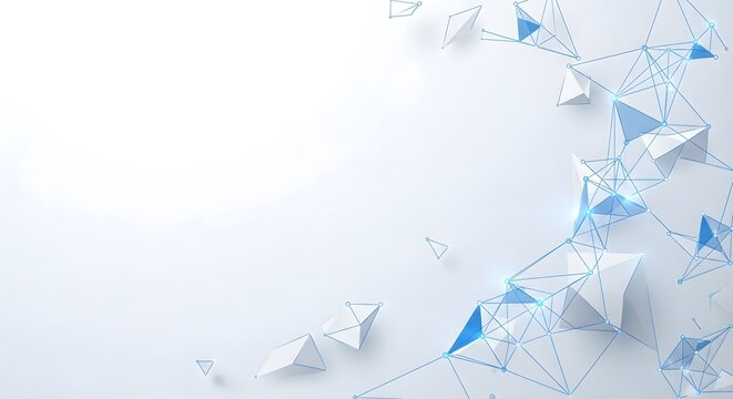 Abstract technology background with 3D blue and white geometric polygons, glowing plexus network lines, low-poly crystal structures, and bright corporate copy space