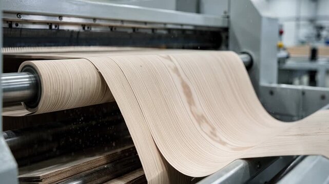 Medium shot of a veneer slicing machine cutting flitches with precise quartercut technique showcasing closeup wood grain patterns for decorative face veneers.