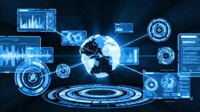 Futuristic Global Data Network with Holographic Interfaces and Planet Earth Visualization