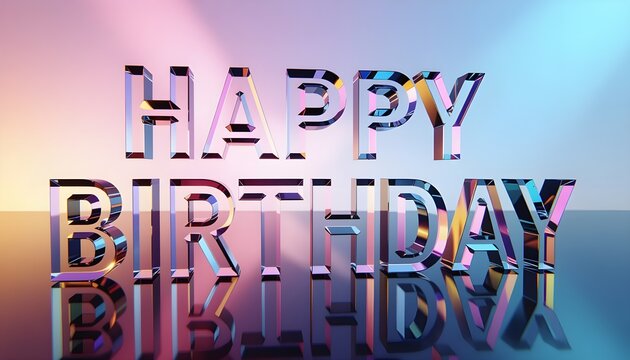 Reflective Metallic Happy Birthday Text Standing on Glossy Surface with Iridescent Chrome Finish and Gradient Light Background