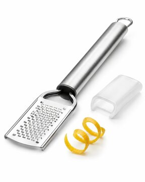 Minimal citrus zester with lemon peel twist for fresh food preparation on white background
