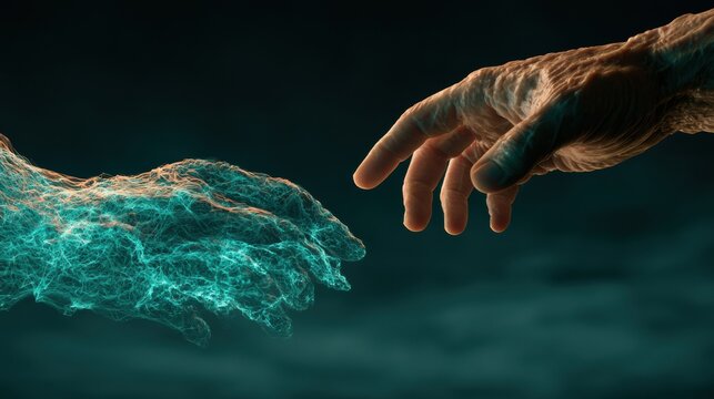 A digital hand reaches out to connect with a human hand, representing a moment of cooperation between technology and human beings in a dark setting.