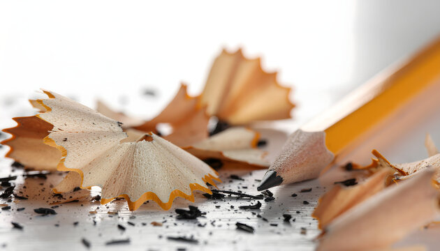 Macro detail of curled wooden pencil shavings and a broken black graphite core resting on a clean white surface