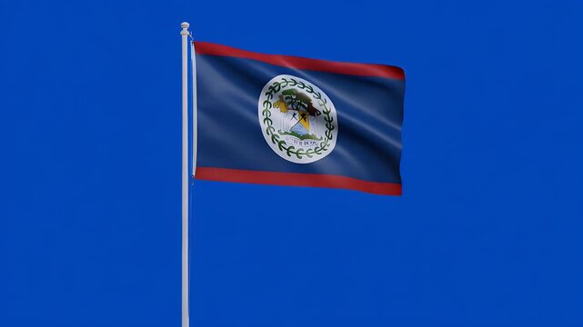 Belize flag waving proudly against a vivid blue sky, symbol of national pride and sovereignty blowing in the wind