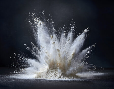 High speed macro photography of white powder dust exploding outwards against a solid black studio background