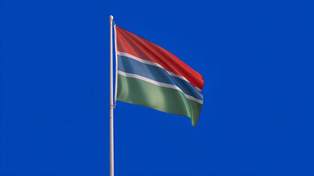 Gambia national flag waving proudly against a clear blue sky in this dynamic video, perfect for news and travel