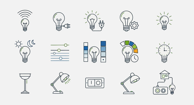 Smart Home Lighting Icons: Lightbulb, Switch, Lamp, Automation, Energy Saving