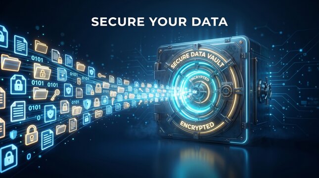 Secure Data Vault Encrypted Digital Information Flowing into Futuristic Safe with Binary Code and Circuit Board Background