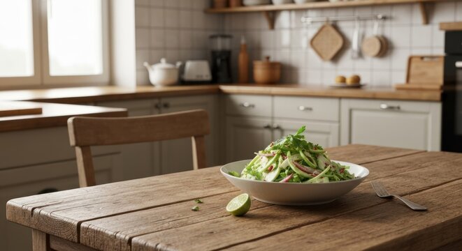 A vibrant salad on a wooden table in a sunlit kitchen with neutral colors