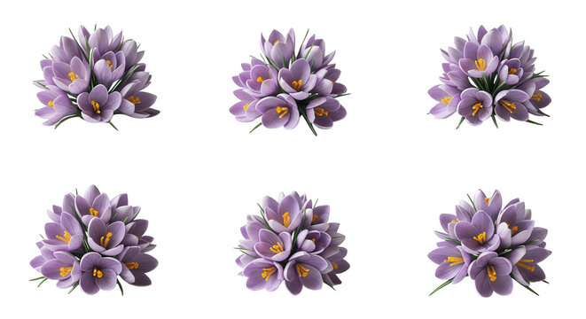 purple crocus flowers arranged on white multiple angles for floral design and spring season projects