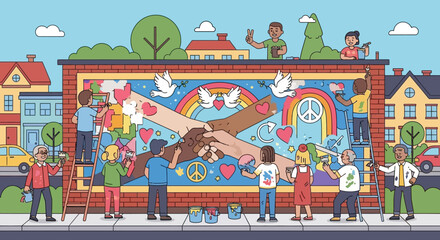 Community Unity Mural Painting Project with Diverse People © Choirul