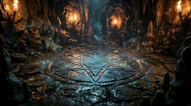 Mystical fantasy cave interior featuring a glowing pentagram symbol carved into the ancient stone floor.
