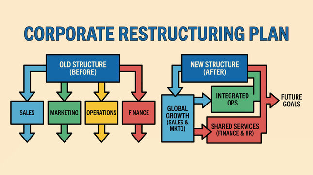 Corporate Restructuring Plan With Division Reorganization Diagram