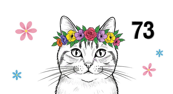 Cute Cat Illustration with Floral Wreath and Number 73
