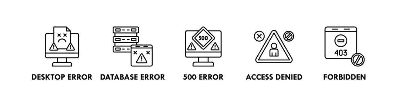 Error Pages banner web icon illustration concept with icon of desktop, database, 500 error, access denied, and forbidden