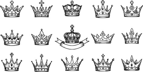 Hand-drawn vintage royal crowns collection, various styles, sketch art, perfect for design elements, king, queen, and princess themes on a white background. © bunny