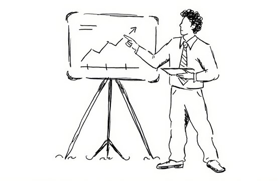 Businessman Presenting Positive Growth Graph on Whiteboard Hand Drawn Sketch Illustration for Success and Analysis