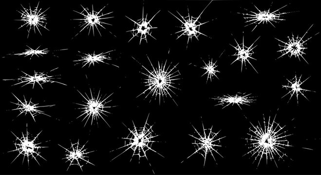 Set of realistic broken glass, bullet hole, or impact crack patterns on a black background. White shattered screen or window texture collection for graphic design elements.
