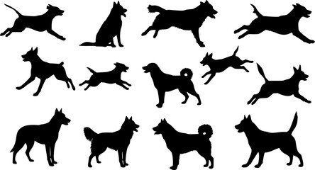 Dog Silhouettes: Running, Sitting, Standing - Black Animal Shapes Isolated on White Background © bunny