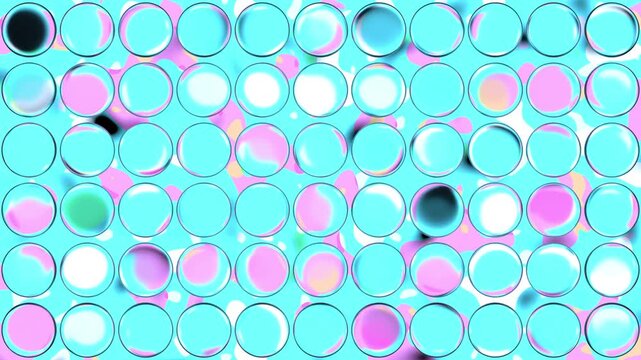Seamless looping animation of aqua, turquoise, and baby pink candy glass bubbles arranged in a grid over a dynamic fluid background, glossy 3D spheres
