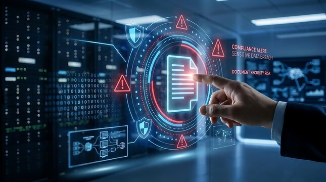 IT administrator interacting with a digital compliance alert showing a sensitive data breach and document security risk interface inside a glowing server room.