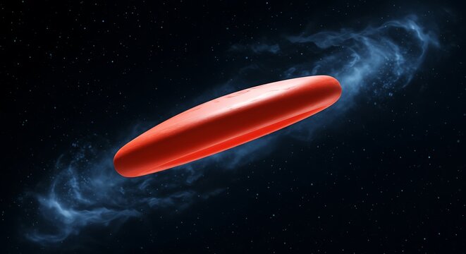 Disco vermelho vibrante flutuando no espa&ccedil;o contra um fundo c&oacute;smico nebuloso.