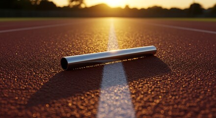Obraz premium Close up de um bastão de revezamento na pista com o conceito de reflexo do sol em uma competição.