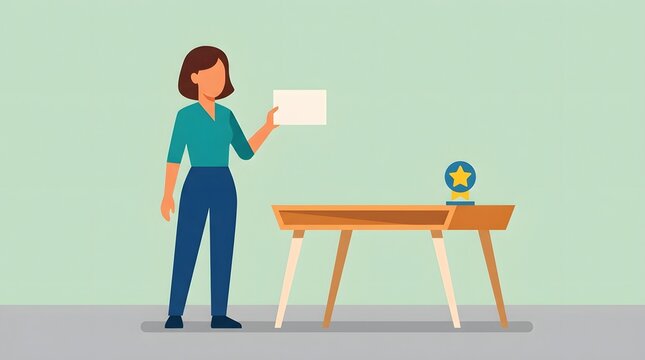 Award Ceremony Illustration: A woman stands beside a table, holding a blank certificate while a star-shaped trophy sits on the table, symbolizing recognition and achievement.