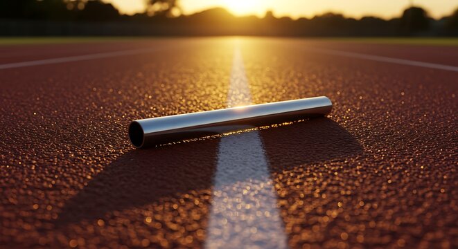 Close up de um bast&atilde;o de revezamento na pista com o conceito de reflexo do sol em uma competi&ccedil;&atilde;o.