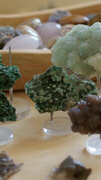 Vertical video: Panning camera revealing green mineral cluster on wood table, showing lilac texture