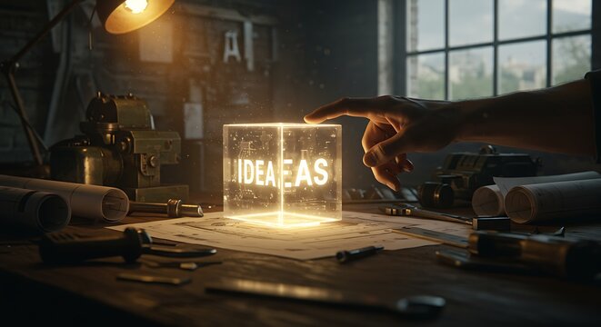 Pessoa tocando um cubo de ideias iluminado sobre a mesa, representando o pensamento criativo.