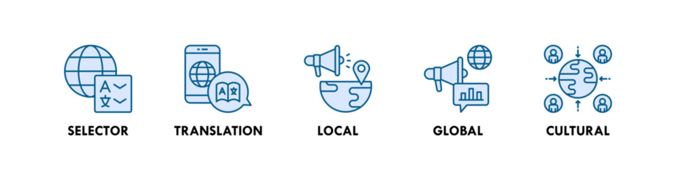 Localization banner web icon illustration concept with icon of selector, translation, local ,global ,and cultural