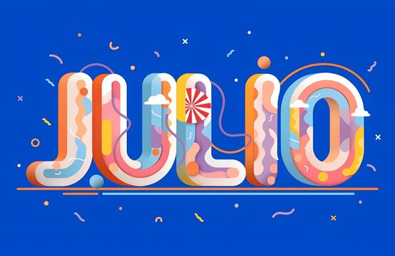 Texto de Julio 3D con elementos coloridos creativos